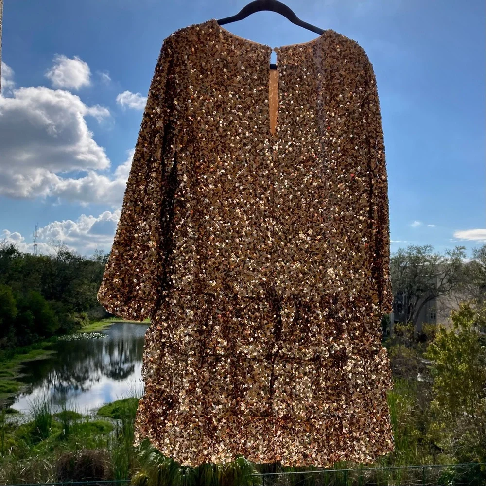 Antonio Melani Gold Sequin Ruffle Mini Dress Size 14 NWT